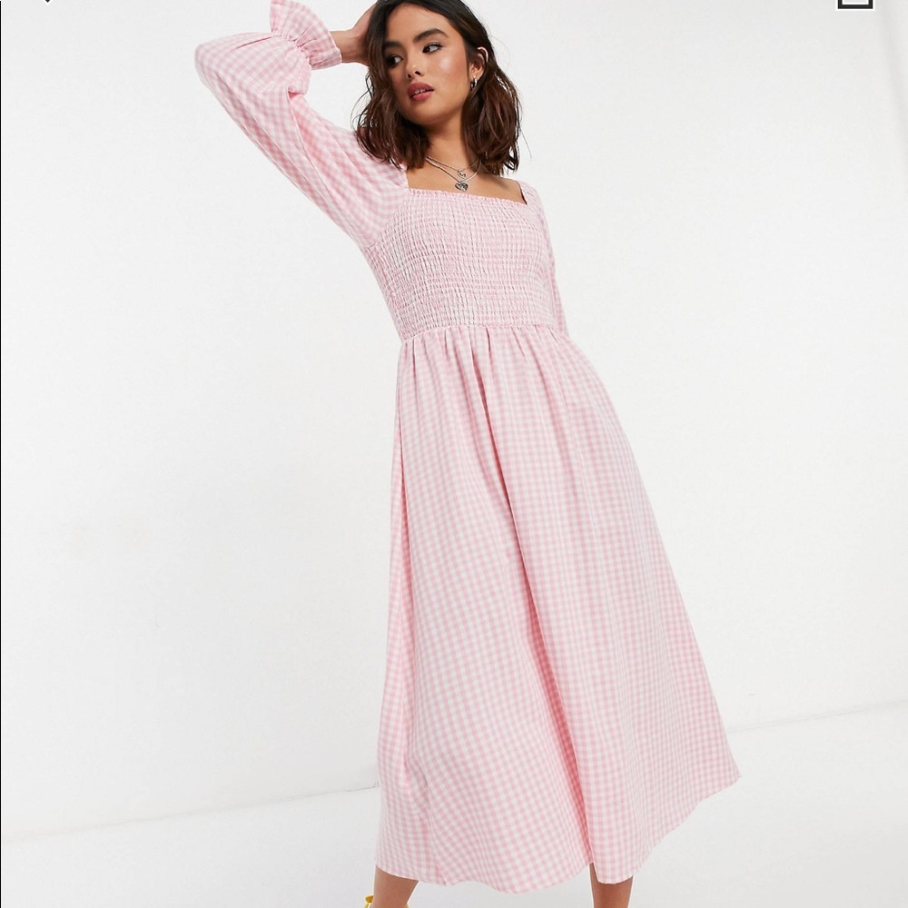 Pink Gingham Shirred Square Neck Midi Dress